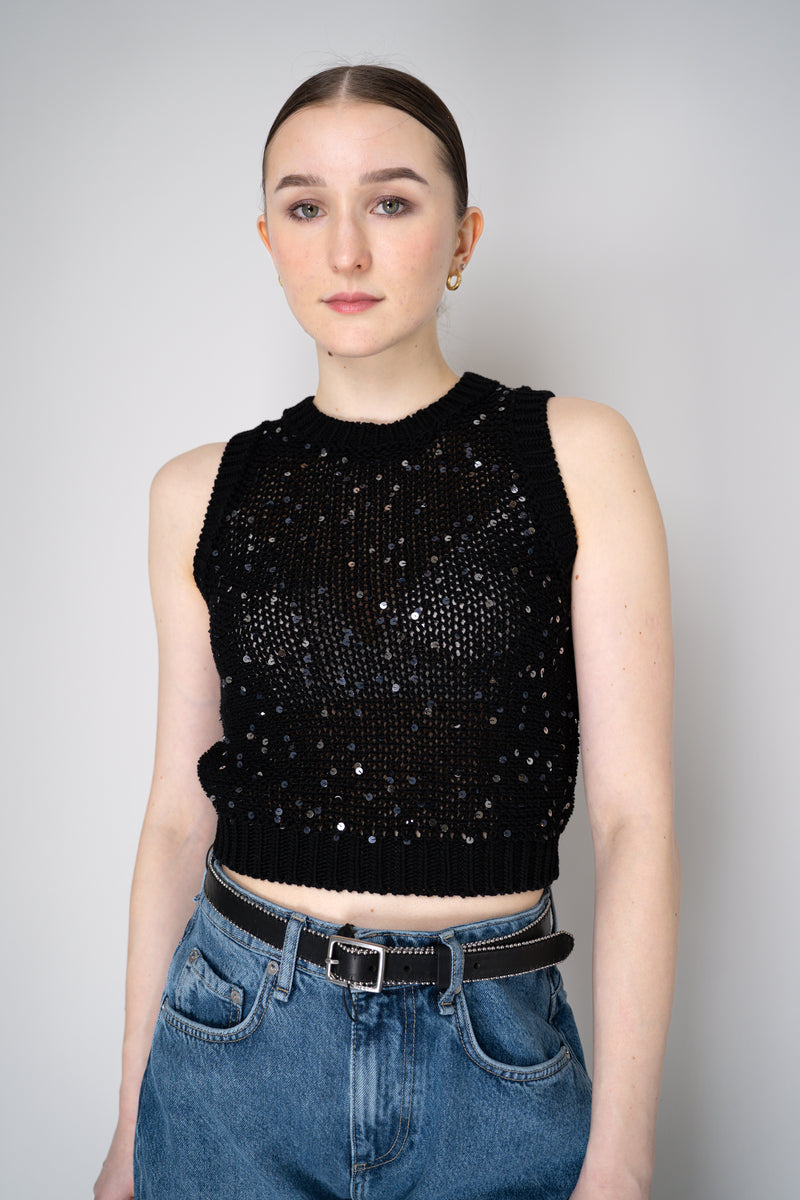 Peserico Sleeveless Cotton Knit Top with Sequins in Black Vancouver. Shop Online or in Store
