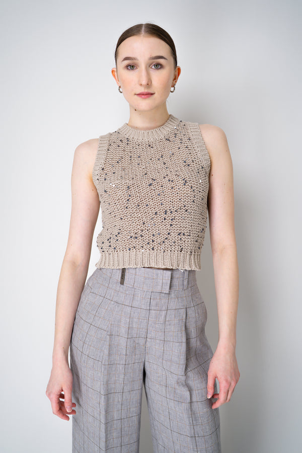Peserico Sleeveless Cotton Knit Top with Sequins in Gold Vancouver. Shop Online or in Store.