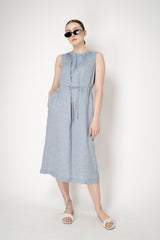 Peserico Sleeveless Linen Dress with Drawstring Waist in Blue Vancouver. Shop Online or in Store.