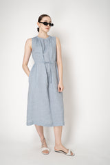 Peserico Sleeveless Linen Dress with Drawstring Waist in Blue Vancouver. Shop Online or in Store.