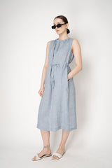 Peserico Sleeveless Linen Dress with Drawstring Waist in Blue Vancouver. Shop Online or in Store.