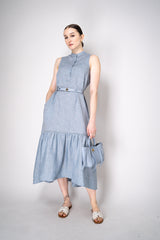 Peserico Sleeveless Maxi Dress with Ruffled Tiered Bottom in Light Blue Melange Vancouver. Shop Online or in Store.