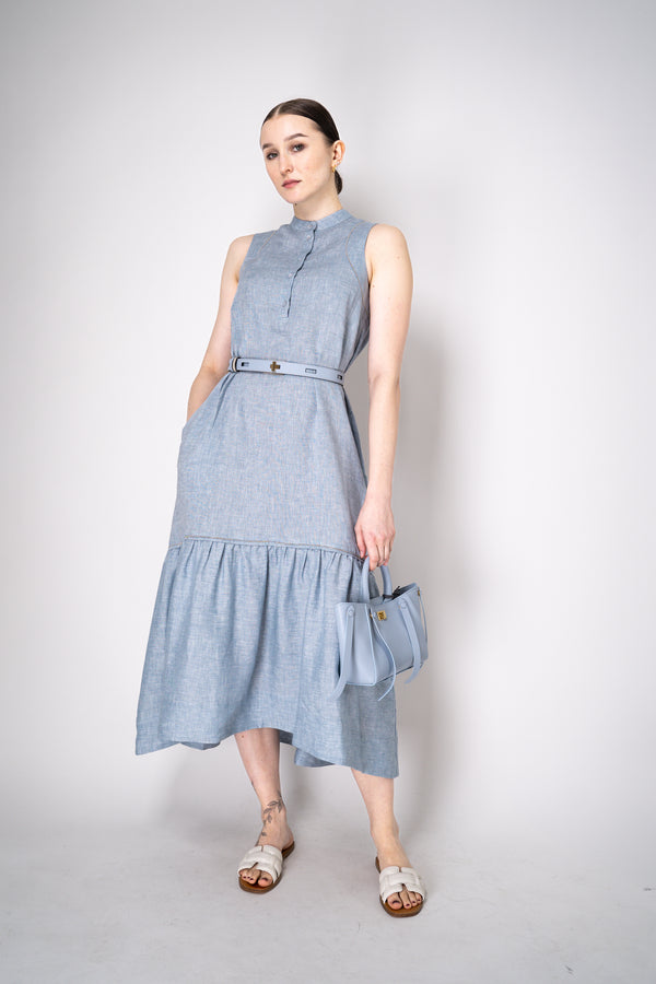 Peserico Sleeveless Maxi Dress with Ruffled Tiered Bottom in Light Blue Melange Vancouver. Shop Online or in Store.