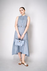 Peserico Sleeveless Maxi Dress with Ruffled Tiered Bottom in Light Blue Melange Vancouver. Shop Online or in Store.