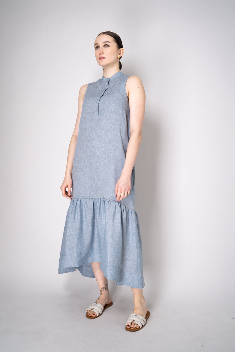 Peserico Sleeveless Maxi Dress with Ruffled Tiered Bottom in Light Blue Melange Vancouver. Shop Online or in Store.