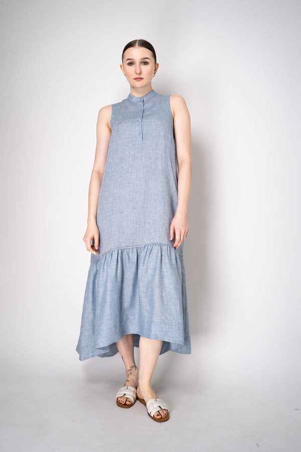 Peserico Sleeveless Maxi Dress with Ruffled Tiered Bottom in Light Blue Melange Vancouver. Shop Online or in Store.