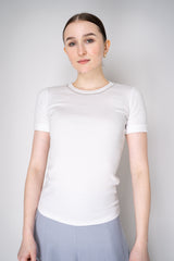 Peserico Stretch Ribbed Jersey T-Shirt with Brilliant Beading Neckline in White Vancouver. Shop Online or in Store