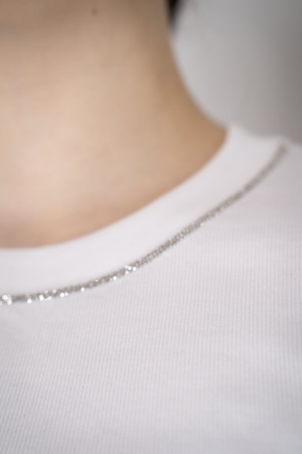 Peserico Stretch Ribbed Jersey T-Shirt with Brilliant Beading Neckline in White Vancouver. Shop Online or in Store