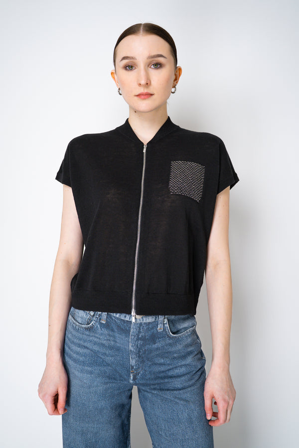 Peserico Summer Knit Cardigan Vest with Brilliant Beading Pocket in Black Vancouver. Shop Online or in Store.