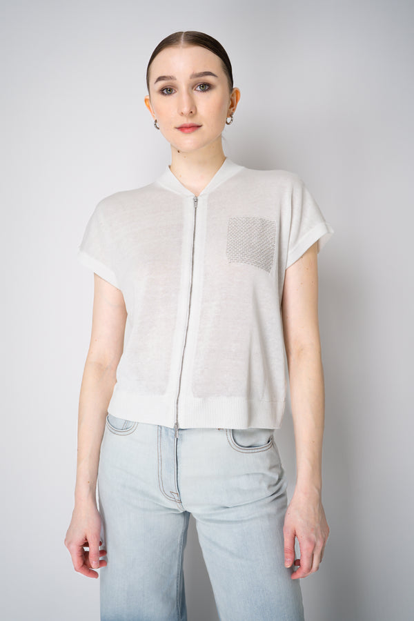 Peserico Summer Knit Cardigan Vest with Brilliant Beading Pocket in White Vancouver. Shop Online or in Store.