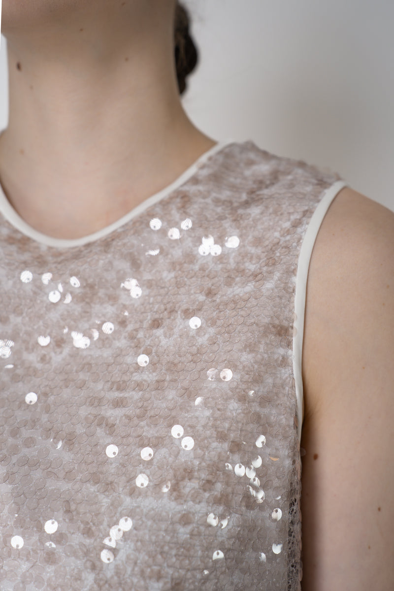 Peserico Translucent Sequin Net Sleeveless Top in Amber Beige Vancouver. Shop Online or in Store.
