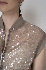 Peserico Translucent Sequin Net Zip Vest in Amber Beige Vancouver. Shop Online or in Store.