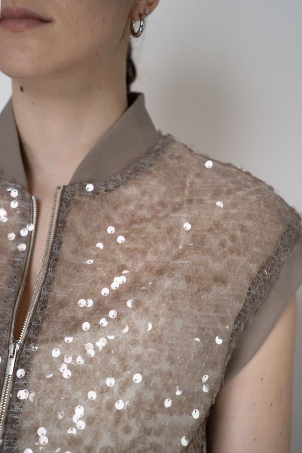 Peserico Translucent Sequin Net Zip Vest in Amber Beige Vancouver. Shop Online or in Store.