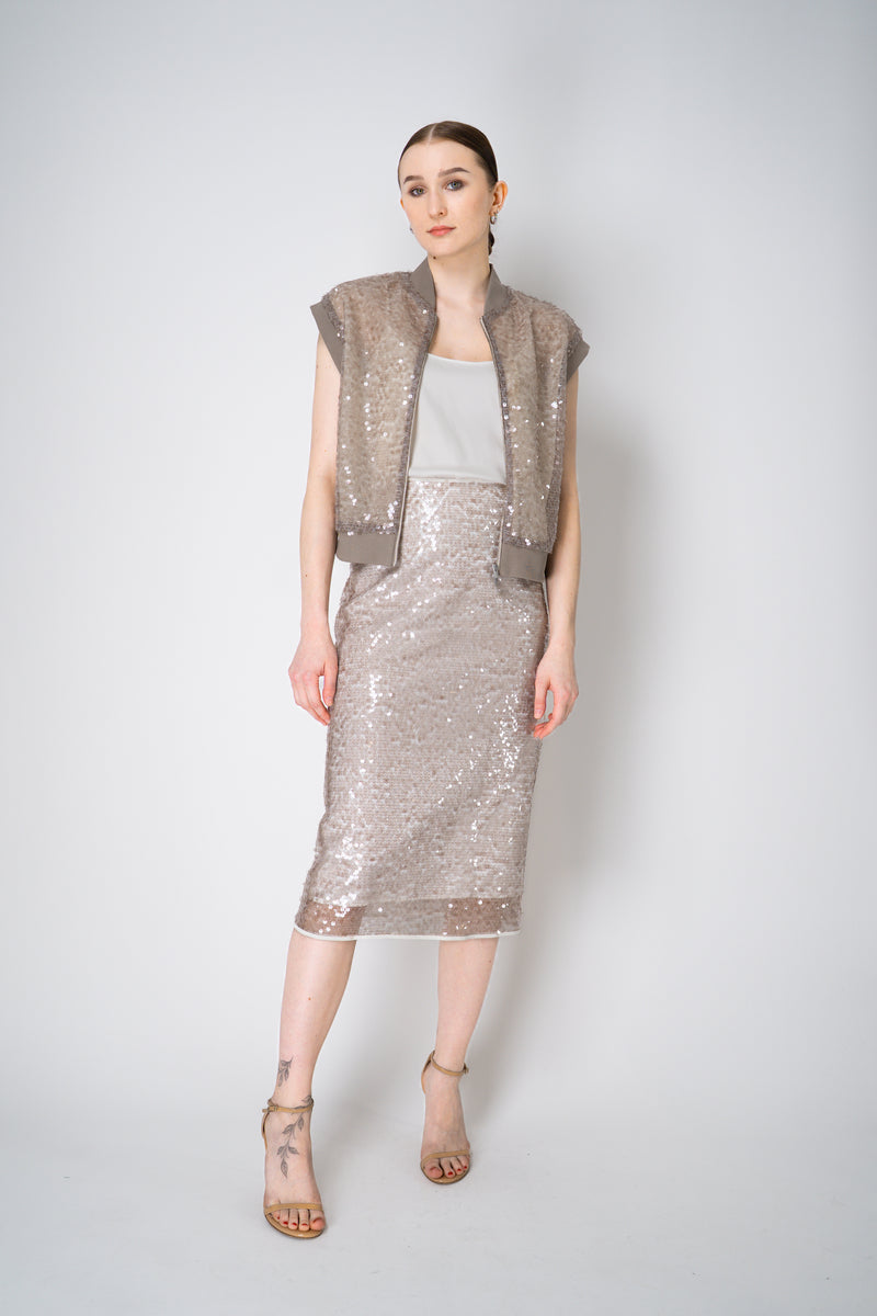 Peserico Translucent Sequin Net Zip Vest in Amber Beige Vancouver. Shop Online or in Store.