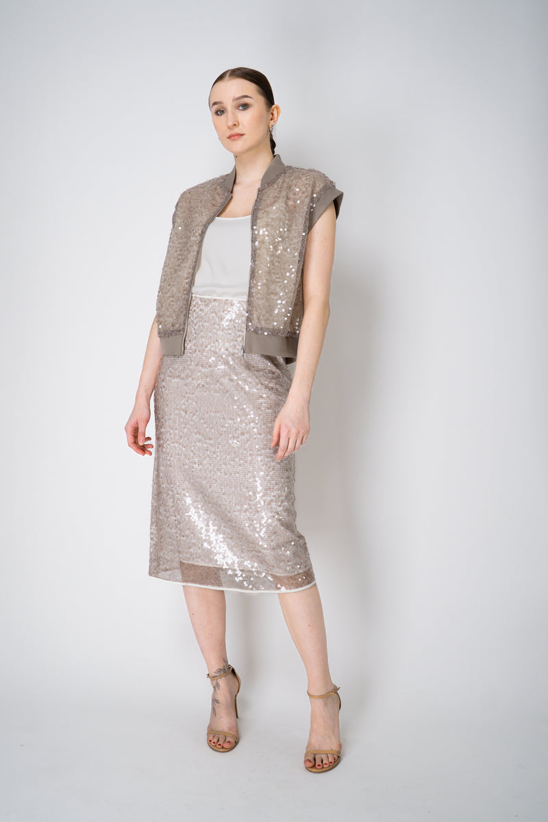 Peserico Translucent Sequin Net Zip Vest in Amber Beige Vancouver. Shop Online or in Store.