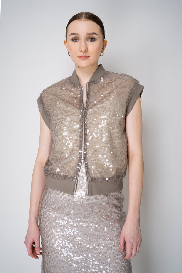 Peserico Translucent Sequin Net Zip Vest in Amber Beige Vancouver. Shop Online or in Store.