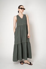 Peserico V-neck Linen Tiered Dress in Dark Sage Vancouver. Shop Online or in Store.