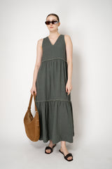 Peserico V-neck Linen Tiered Dress in Dark Sage Vancouver. Shop Online or in Store.