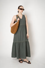 Peserico V-neck Linen Tiered Dress in Dark Sage Vancouver. Shop Online or in Store.
