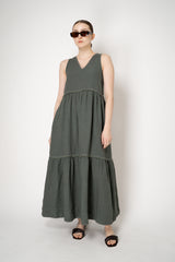Peserico V-neck Linen Tiered Dress in Dark Sage Vancouver. Shop Online or in Store.