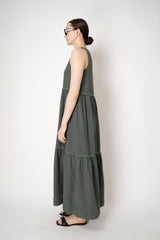 Peserico V-neck Linen Tiered Dress in Dark Sage Vancouver. Shop Online or in Store.