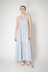Peserico V-neck Linen Tiered Dress in Light Blue Vancouver. Shop Online or in Store.