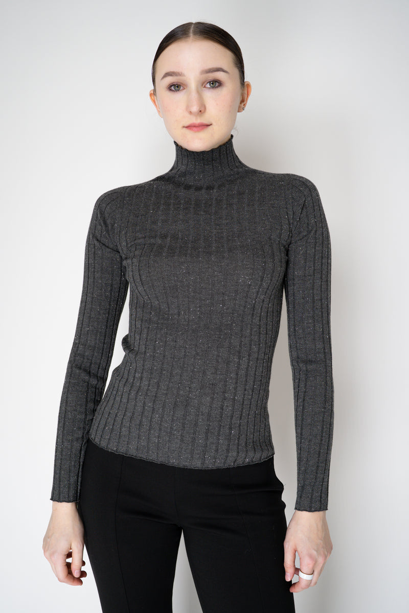 Peserico Virgin Wool Ribbed Lurex Mock Neck Pullover in Dark Grey Vancouver. Shop Online or in Store.