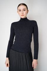 Peserico Virgin Wool Ribbed Lurex Mock Neck Pullover in Navy Vancouver. Shop Online or in Store.