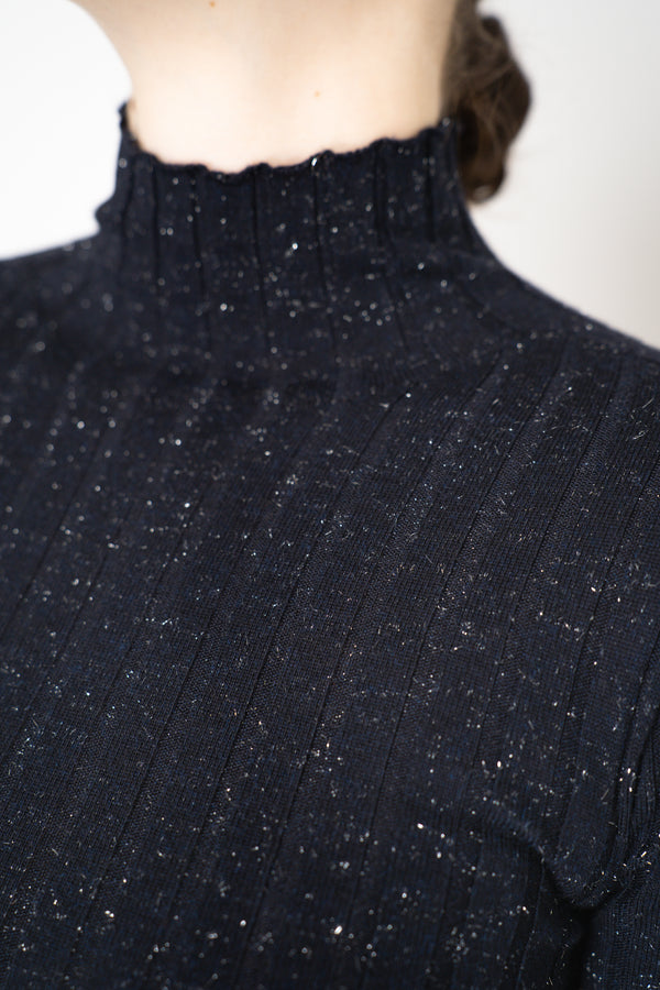 Peserico Virgin Wool Ribbed Lurex Mock Neck Pullover in Navy Vancouver. Shop Online or in Store.