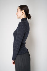 Peserico Virgin Wool Ribbed Lurex Mock Neck Pullover in Navy Vancouver. Shop Online or in Store.