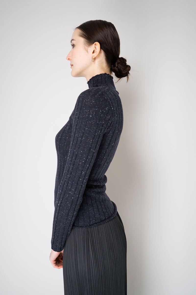 Peserico Virgin Wool Ribbed Lurex Mock Neck Pullover in Navy Vancouver. Shop Online or in Store.