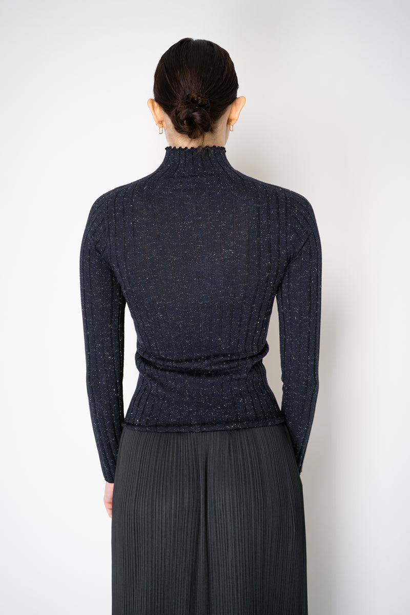 Peserico Virgin Wool Ribbed Lurex Mock Neck Pullover in Navy Vancouver. Shop Online or in Store.