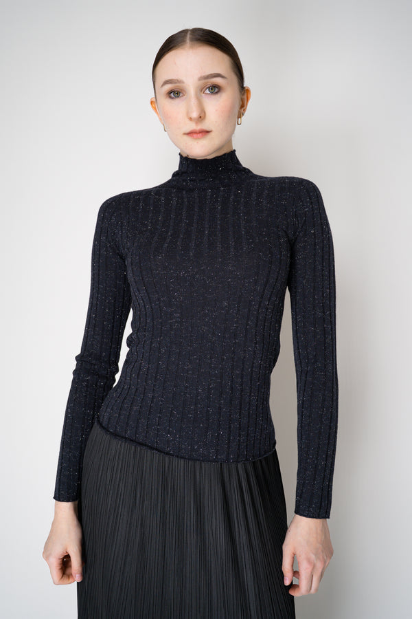 Peserico Virgin Wool Ribbed Lurex Mock Neck Pullover in Navy Vancouver. Shop Online or in Store.