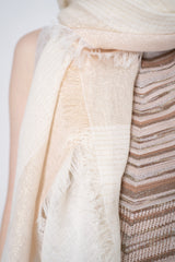 Peserico Viscose Linen Fringed Lurex Scarf in Beige Gold Vancouver. Shop Online or in Store.