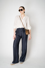 Peserico Viscose Linen Straight Leg Trousers with Beaded Belt in Navy Vancouver. Shop Online or in Store.