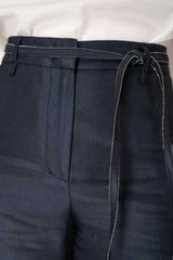 Peserico Viscose Linen Straight Leg Trousers with Beaded Belt in Navy Vancouver. Shop Online or in Store.