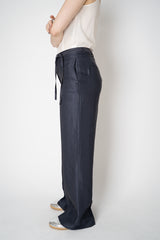Peserico Viscose Linen Straight Leg Trousers with Beaded Belt in Navy Vancouver. Shop Online or in Store.