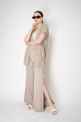 Peserico Wide Leg Rayon Blend Sateen Trousers with Slit Sides in Dark Beige Vancouver. Shop Online or in Store.