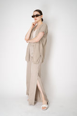 Peserico Wide Leg Rayon Blend Sateen Trousers with Slit Sides in Dark Beige Vancouver. Shop Online or in Store.