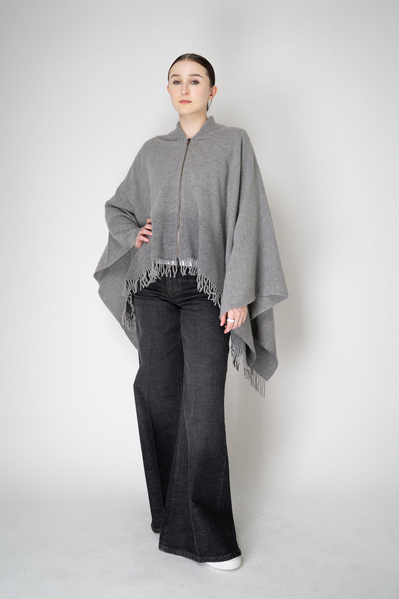 Peserico Wool Cashmere Fringe Zip Poncho in Grey Vancouver. Shop Online or in Store.