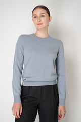 Peserico Wool Cashmere Knit Crew Neck Sweater with Embellished Faux Pocket in Dusty Blue Vancouver. Shop Online or in Store.