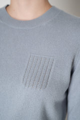 Peserico Wool Cashmere Knit Crew Neck Sweater with Embellished Faux Pocket in Dusty Blue Vancouver. Shop Online or in Store.