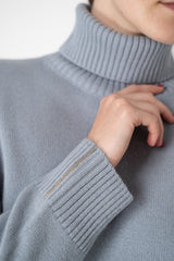 Peserico Wool Cashmere Knit Pullover with Split Turtle Neckline in Dusty Blue Vancouver. Shop Online or in Store.