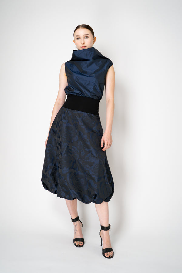 Peter O. Mahler Brocade Tulip Skirt in Navy and Black Floral Print Vancouver. Shop Online or in Store. 