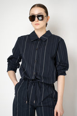 Peter O. Mahler Cotton Jacket with Drawstring Hem in Navy Pinstripe Print Vancouver. Shop Online or in Store.