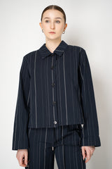 Peter O. Mahler Cotton Jacket with Drawstring Hem in Navy Pinstripe Print Vancouver. Shop Online or in Store.