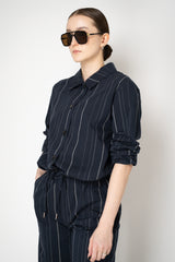 Peter O. Mahler Cotton Jacket with Drawstring Hem in Navy Pinstripe Print Vancouver. Shop Online or in Store.