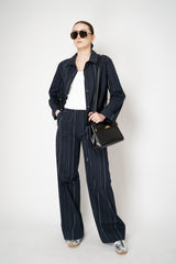 Peter O. Mahler Cotton Jacket with Drawstring Hem in Navy Pinstripe Print Vancouver. Shop Online or in Store.