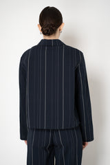 Peter O. Mahler Cotton Jacket with Drawstring Hem in Navy Pinstripe Print Vancouver. Shop Online or in Store.