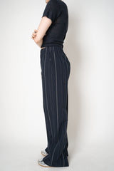 Peter O. Mahler  Cotton Pull-On Style Straight Wide Leg Trousers in Navy Pinstripe Print Vancouver. Shop Online or in Store.